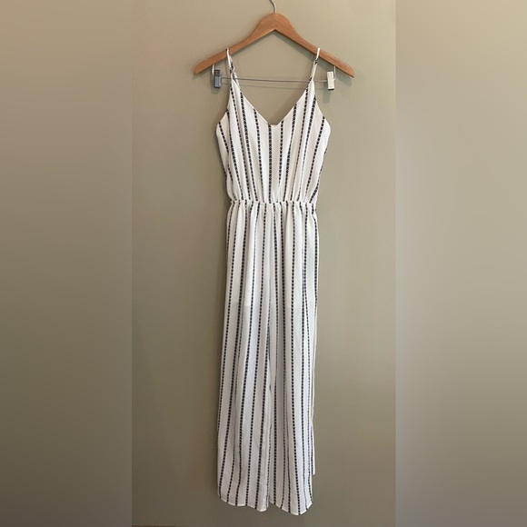 One Clothing: White Jumpsuit Romper with Black and Maroon Pattern Stripes - Picture 6 of 17